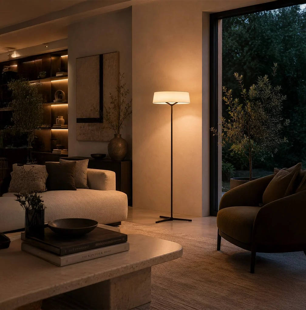 Lampadaire Dama, abat-jour textile