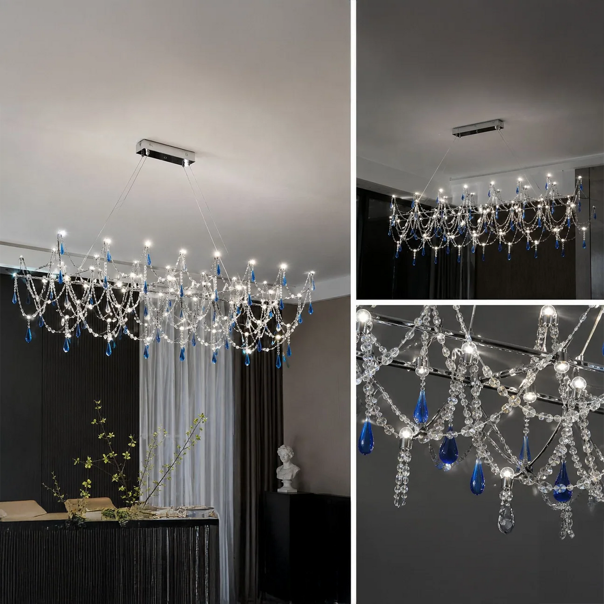 Lustre Cristal Cascade Saphir, cristaux bleus