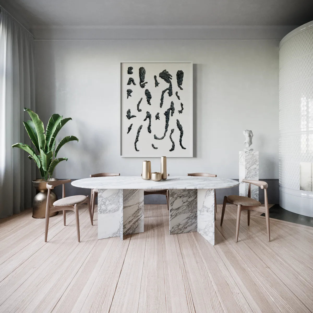 Table Ovale Nelson — Marbre Arabescato en situation
