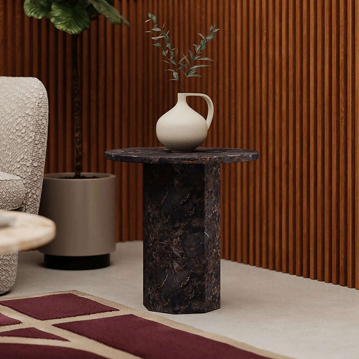 Table d'Appoint Faune — Marbre Gris Orage, détail